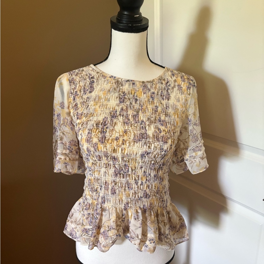 Angel Top CAbi Cream and Purple Floral Peplum Blouse